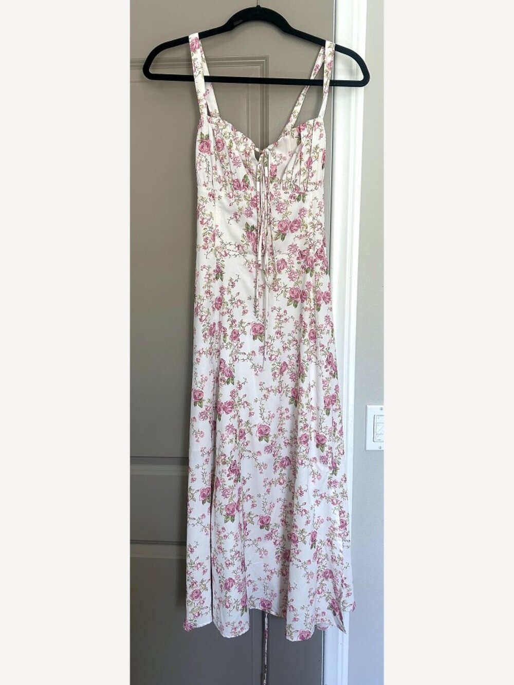 White Pink Rose Floral Midi Dress Corset Lace Up Back Tie Front